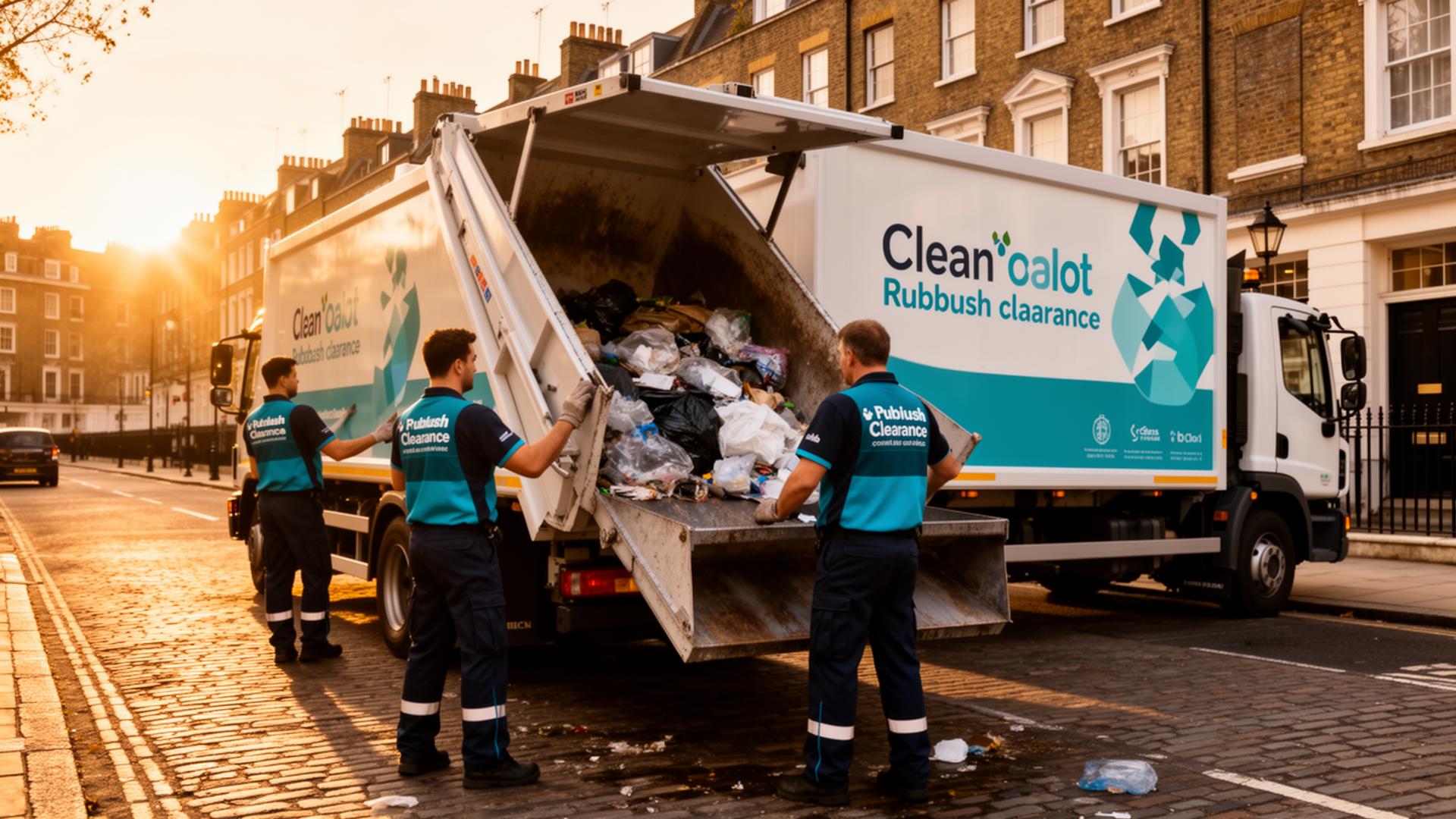 EBX Services rubbish clearance team loading a branded waste truck in London